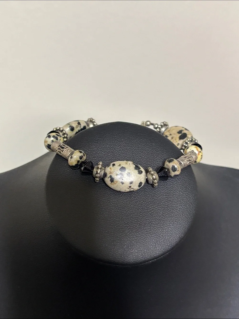 Handcrafted Dalmatian Jasper Stone Beaded Toggle Bracelet - Black Cream
